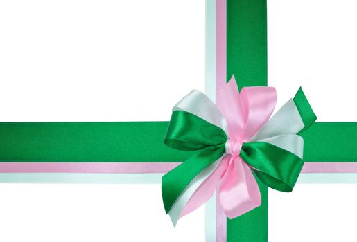 Festive Bow made of Dark Green, Light Green and Pink Ribbons Isolated on White