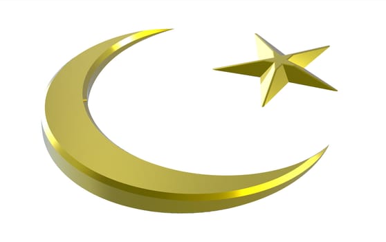 Golden crescent and star isolated on white