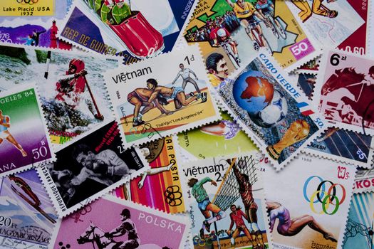 A collection of sport stamps from different countries, such as Vietnam, Cape Verde, Poland, Equatorial Guinea, Hungary, Korea and others