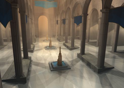 3D rendered ancient fantasy great hall with fountain