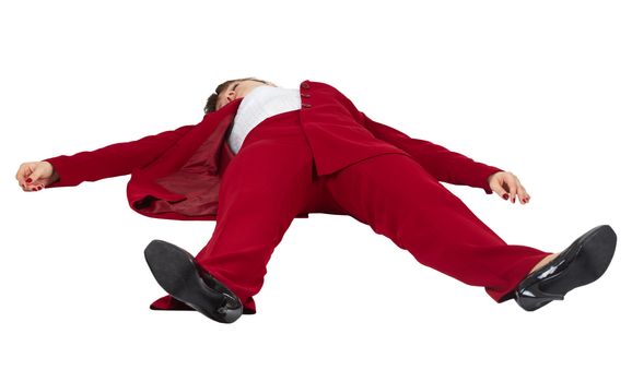 Young woman lying unconscious on a white background