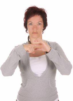 beauty young deaf person hand demonstrating, "E" in the alphabet of signs 