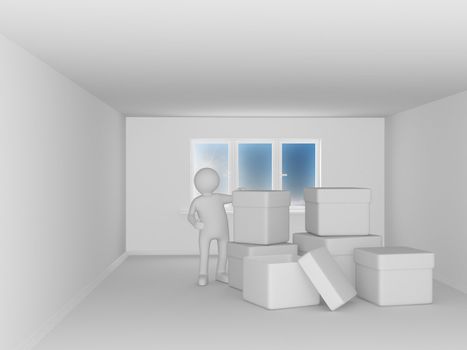 man with boxes in room. 3D image