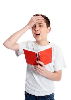 Stress, frustration, mistake.  A boy student holding a book or diary.