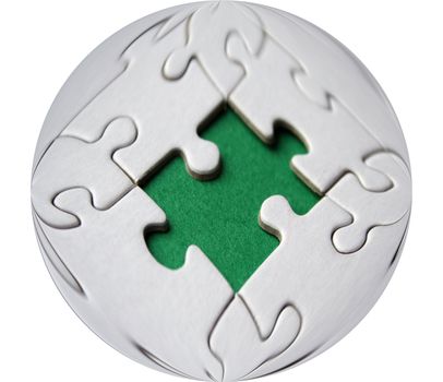 Round white jigsaw puzzle with one green space