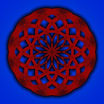 An abstract mandala done in neon orange on a blue and black background.