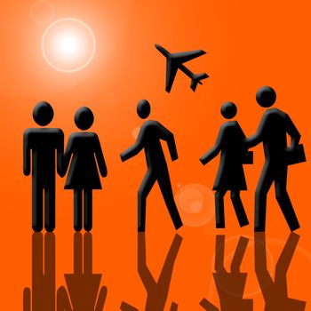 People and Airplane in Airport over Orange Background