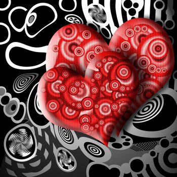 Sweet couple of red mechanic hearts over abstract surreal urban industrial metal black background