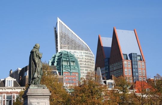 The Hague skyline including statue of William of Orange, founder of the Netherlands