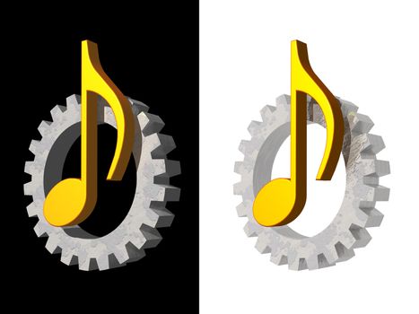 golden note and gearwheel on black and white background - 3d illustration