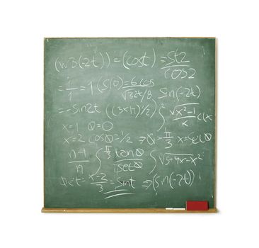 Old chalkboard with hard math isolated on white background