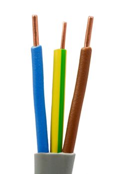 Electrical 3 core installation cable in UK colours, Brown, Blue, Green and yellow, known as twin and earth cable
