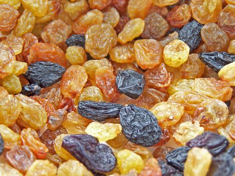 Close up of the different colors of raisins