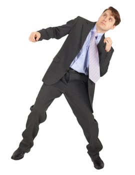 Young man dodges the blow, isolated on a white background