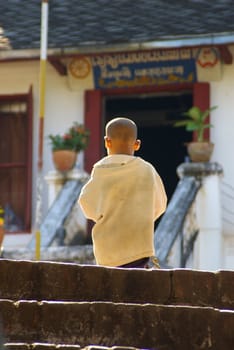A young asian boy entering a buddhist wat