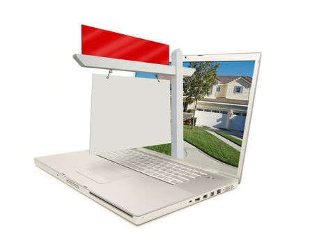 Blank Real Estate Sign & New Home on Laptop isolated on a white Background.