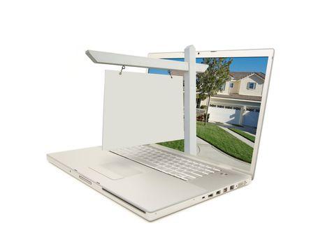 Blank Real Estate Sign & New Home on Laptop isolated on a white Background.