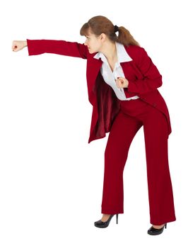 A woman in a red business suit breaks hand