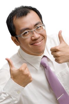 Happy business man extended thumb with funny face on white background.