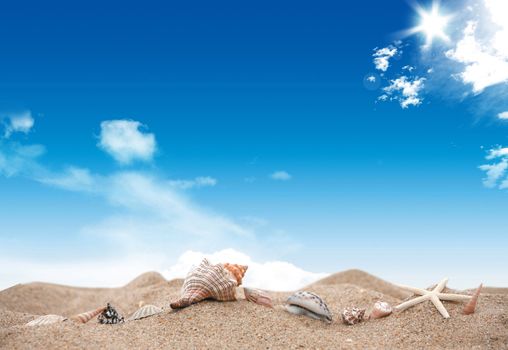 Nice picture with sea sand, blue sky and sun