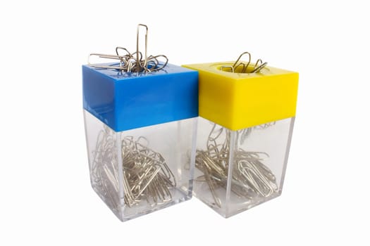 Two containers of paper clips, isolated