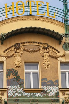 Shot of the main entrance of a hotel in art-nouveau style.