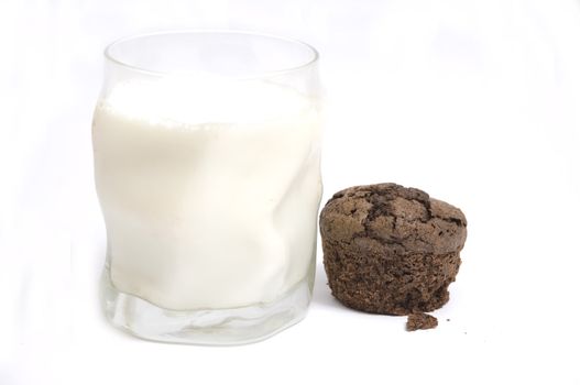 close up on breakfast of milk and chocolate muffin, isolated on white