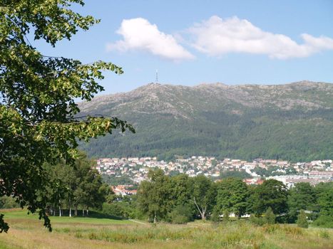 Bergen Norway with ulriken mountain in distance