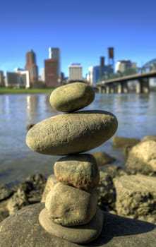 Balancing Rocks against City Skyline of Portland Oregon