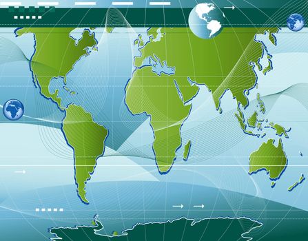 communication; abstract world map background with arrows and waves