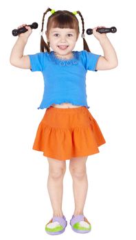 Athletic child is doing dumbbell isolated on a white background