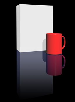 blank box and mug on black background - 3d illustration