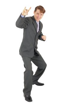 Cheerful businessman in a jubilant pose on a white background