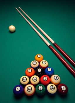 Cue sticks and Balls on a pool (billard) table before play