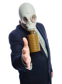 Man wearing a suit and gas mask on a white background