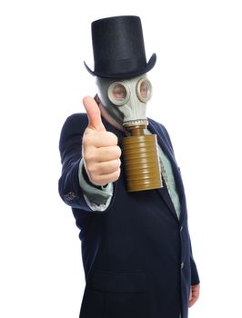 Man wearing a suit and gas mask on a white background