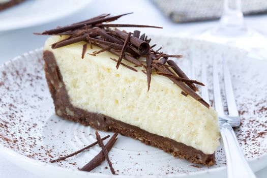 Baked lemon cheesecake decorated with chocolate caraques