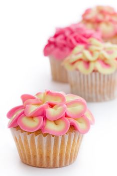 Pink and yellow cupcakes against a white background