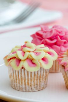 Mini cupcakes decorated with pink and yellow frosting