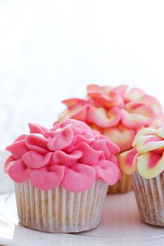 Mini cupcakes decorated with pink and yellow frosting