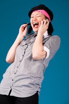 Young asian girl is calling and laughing
