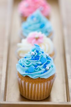 Pink and blue cupcakes arranged on a tray
