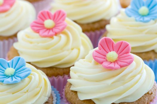Cupcakes decorated with frosting and sugar flowers