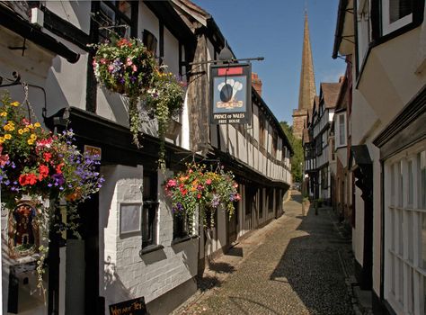 Church Lane Ledbury, in Herefordshire, England has many timber framed 16th century buildings.