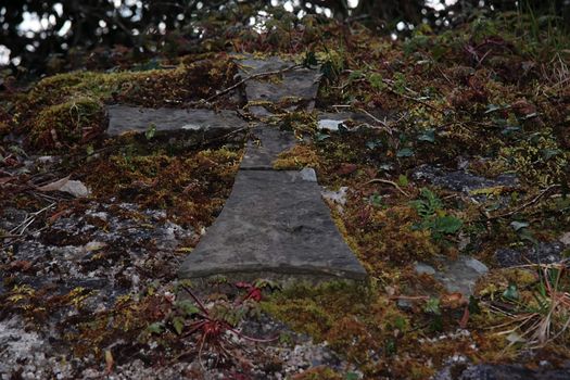 a celtic cross caved into the rock wall of a tomb