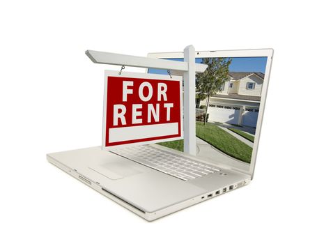 For Rent Sign & New Home on Laptop isolated on a white Background.
