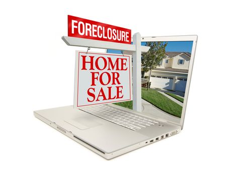 Foreclosure Home for Sale Sign & New Home on Laptop isolated on a white Background.