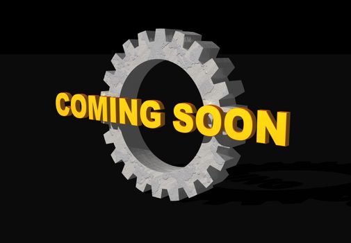 coming soon text and gearwheel on black background - 3d illustration