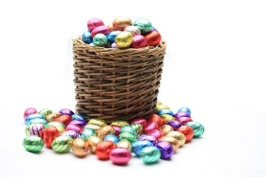 A wicker basket with chocolate easter eggs