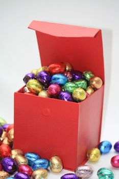 A red box filled with chocolate easter eggs